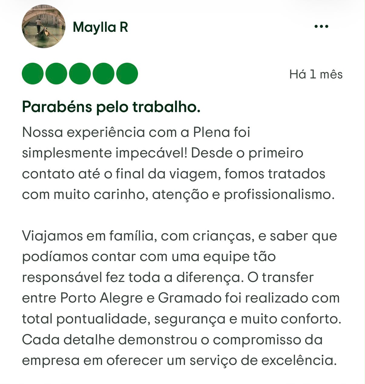 Avaliação de cliente da Plena Turismo
